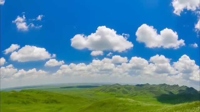 Fluffy white clouds drifting over a lush green meadow on a sunny day.