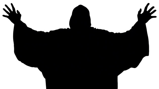 Silhouette of a person in a hooded robe with arms outstretched