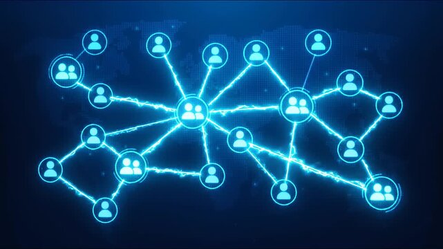 Abstract 3D rendering of interconnected blue network nodes and connections.