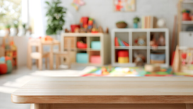 Blur the background of the playroom, focusing on the wooden table surface in the foreground