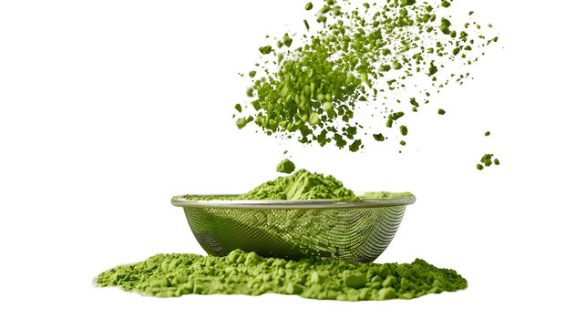 Matcha powder falling through fine metal sieve on black backdrop