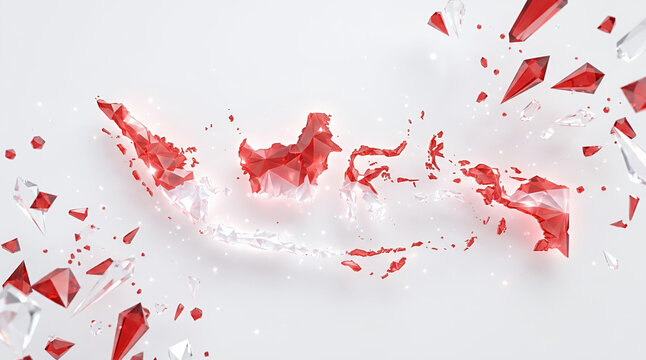 Indonesia map made of red and white crystal shards exploding on a clean white background