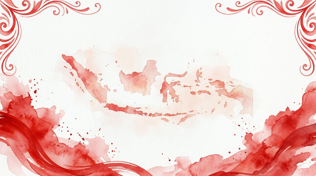 Abstract Watercolor Map of Indonesia with Elegant Red Floral Ornaments and Artistic Splashes on White Background