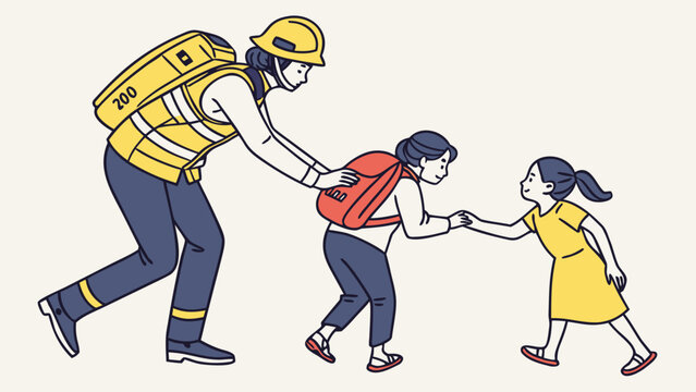 Rescue worker helping children during emergency evacuation for disaster risk reduction and first aid awareness illustration
