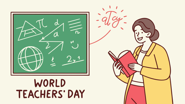 World teachers day illustration with smiling teacher holding book beside classroom chalkboard