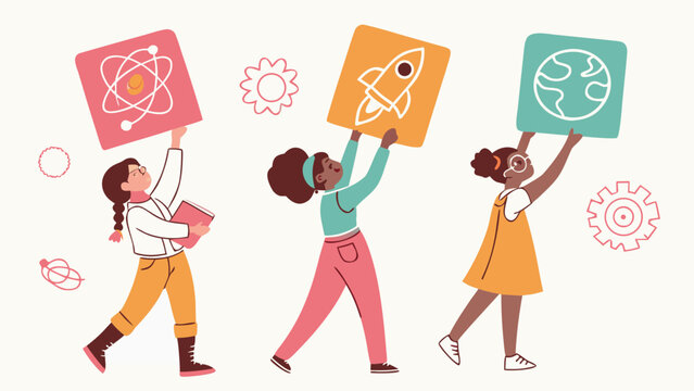 International day of the girl illustration celebrating empowerment, stem education and space exploration