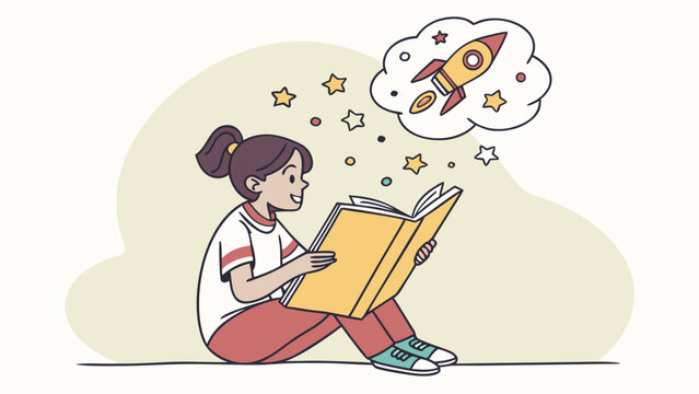 Curious girl reading book and dreaming about space adventure on minimal background illustration