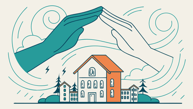 Protective hands shielding city from storm symbolizing safety, insurance and disaster resilience illustration