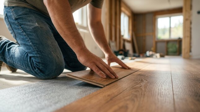 Close up of a person installing laminate flooring on top of protective underlayment.
