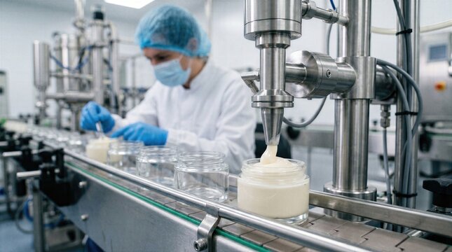 Premium cosmetics manufacturing close-up featuring creamy surface detail, stainless equipment and soft reflections for clean beauty, formulation and quality control.