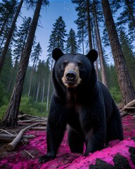 Naklejka premium A asiatic black bear fantasy animal experiment, fictional species in a shadow torn forest basin