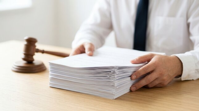 Attorney organizing a heavy stack of official documents for an important legal case.