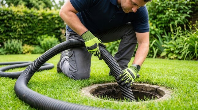 Specialist technician providing professional drainage and wastewater management in a green lawn.