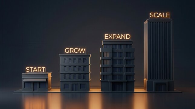 Organizational scale and company growth visualized by four models of increasing building height.
