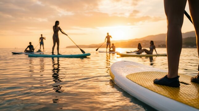 Leisure activity of paddle boarding with a group of people on the ocean at sunset.