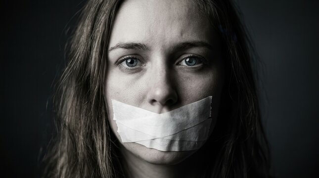 Silenced mouth concept featuring a woman unable to speak due to tape censorship.
