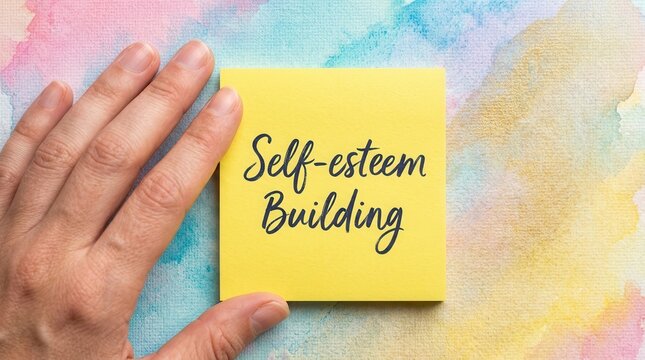Concept of self-esteem building with a handwritten note on a bright abstract background