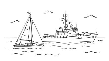 Black and white line drawing of a sailboat and a naval patrol ship sailing on the sea. © Petani