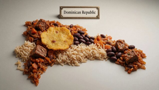 Plate dominican republic food made different types rice beans meat white fluffy dark brown scattered there chu