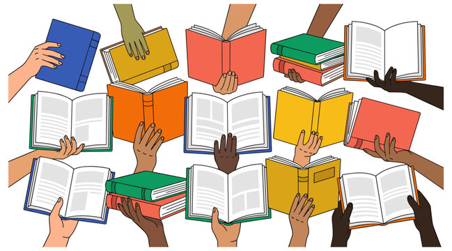 Books with Diverse Covers and Open Pages Arranged as a Learning Concept, Hands Holding Volumes in an Illustrated Scene