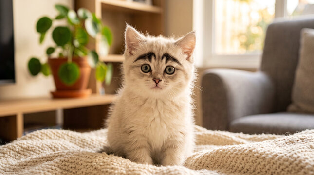 Adorable fluffy kitten with unique dark eyebrow markings sitting on a cozy knitted blanket in a bright, modern living room setting