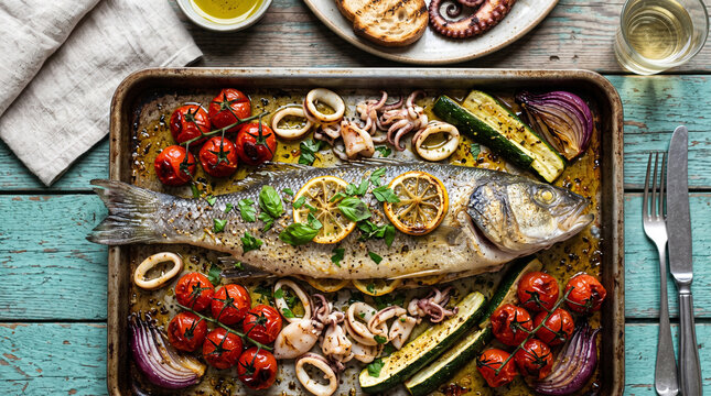 Roasted whole sea bass with cherry tomatoes, calamari, zucchini and red onion on a rustic wooden table, top view