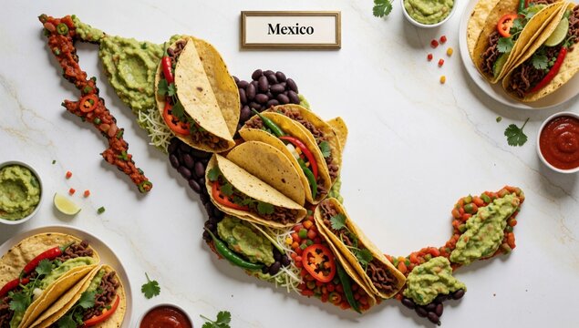 Collection mexican tacos arranged shape state mexico there total circular pattern white marble surface filled