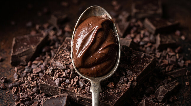 A closeup of a vintage silver spoon filled with rich, creamy chocolate ganache or mousse, resting on a bed of dark chocolate chunks and nibs