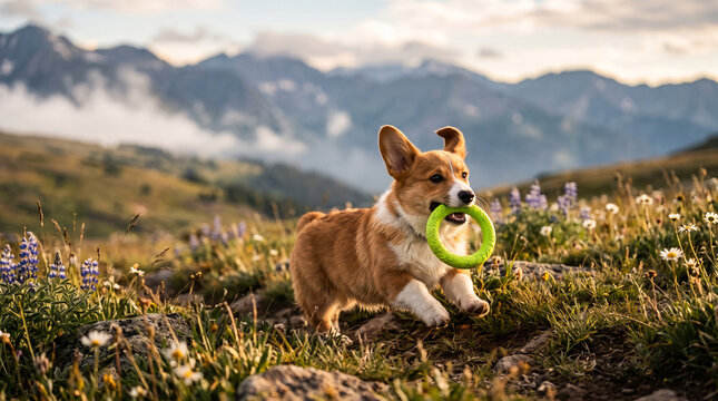 Happy corgi puppy running through a mountain meadow with a green toy ring in its mouth during a beautiful golden hour sunset