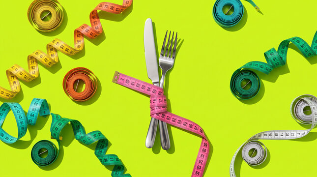 Knife and fork wrapped with a pink measuring tape on a bright green background, concept of diet, weight loss, and healthy eating