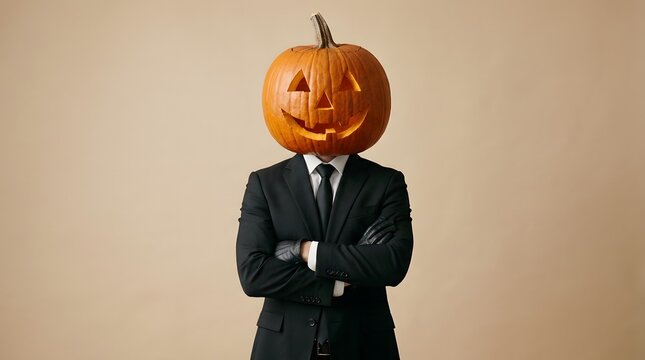 A businessman wearing a carved pumpkin head celebrating happy halloween day with a suit and arms crossed pose