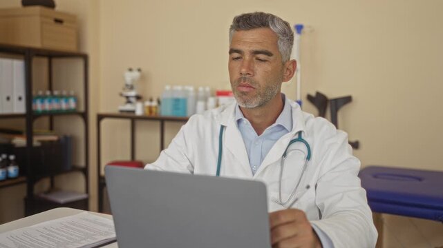 Man doctor in white coat with stethoscope looks at laptop and holds papers on desk in building; telemedicine care concentration.