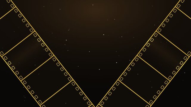 Vintage film strip frames with scratches and floating dust particles flickering on dark background cinematic intro.