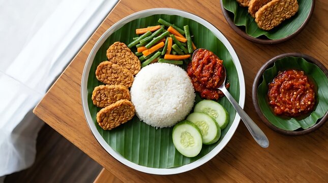 Indonesian nasi tumpeng mini plate with fried tempeh vegetables rice and spicy chili sambal. Basic Indonesian Dish