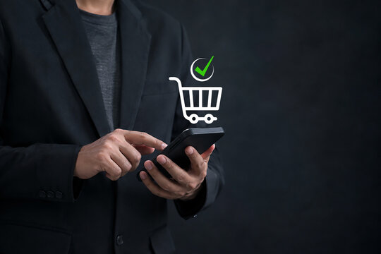 User confirming online order on smartphone with success icon, representing e-commerce checkout payment approval and completed digital transaction.