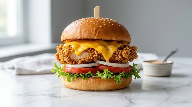 Gourmet crunchy chicken zinger burger with lettuce, tomato, and melted cheese on a bun.