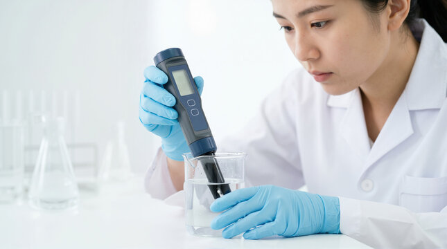 Asian female scientist testing water quality with TDS meter. Close up of researcher measuring liquid in laboratory beaker