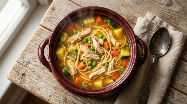 Warm chicken noodle soup with vegetables and noodles in a healthy savory broth.
