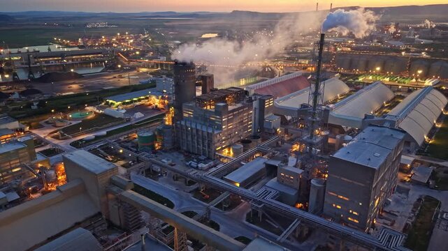 An industrial area during dusk with various factories and equipment. Smoke rises from chimneys while lights illuminate the site. Machinery and pipelines are visible.