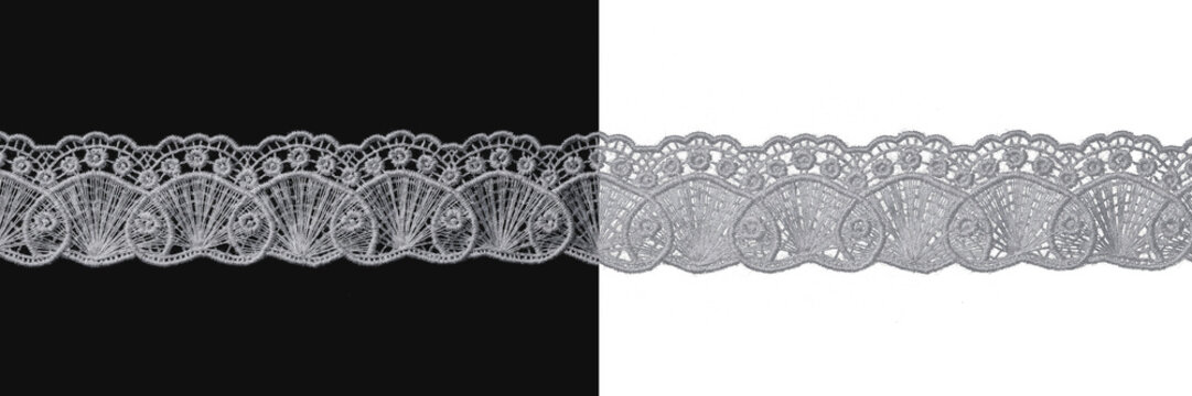 White scallop lace border isolated on black and transparent background for design.