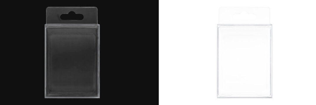 Clear plastic blister box packaging on black and transparent background png set.