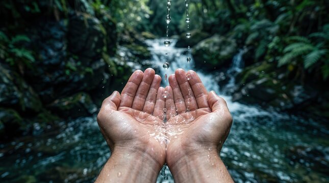 Water saving concept showing hands catching clear droplets in a natural setting.