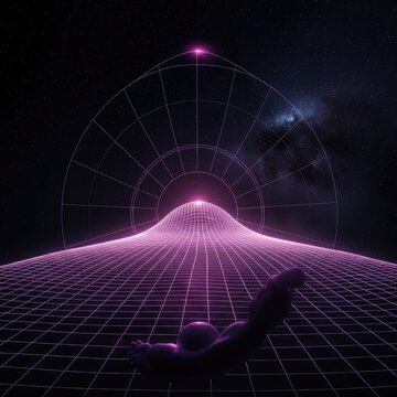 Conceptual digital representation of universal attraction, illustrating the curvature of spacetime and invisible theoretical physical forces, digital, modern, curve