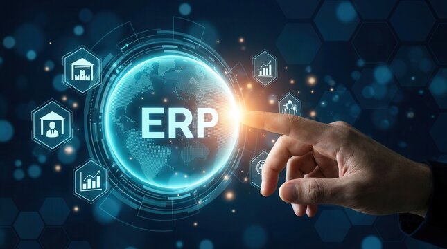 Futuristic ERP business solutions concept with a glowing digital earth and various process management icons.