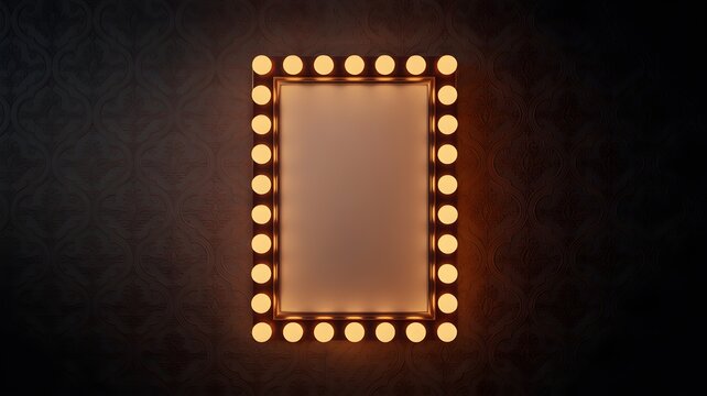 Vanity mirror with glowing light bulbs in dark vintage room with ornate wallpaper background