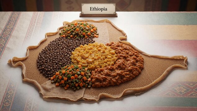 Plate ethiopian food arranged shape leaf placed table colorful tablecloth geometric pattern top there small wo