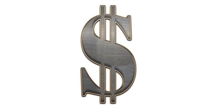 Metallic dollar sign symbol with dark wood grain texture and light beige trim on white background isolated on a transparent background
