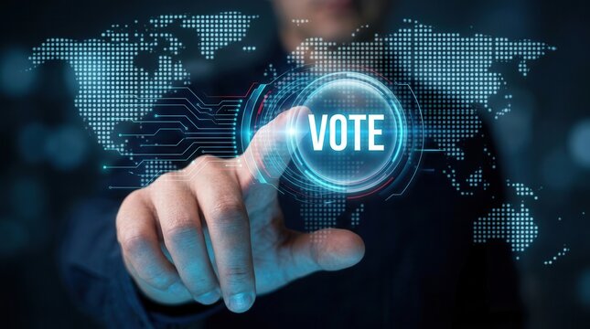 Digital e-voting concept with a glowing virtual button for internet elections and smart technology background.