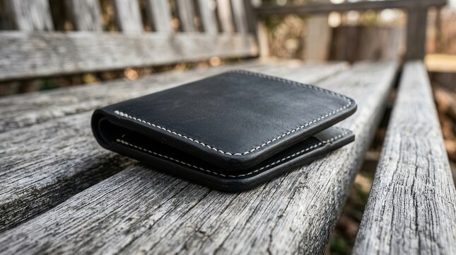 Elegant black leather wallet displayed on a textured wooden surface.