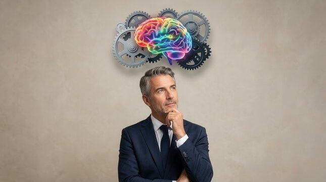 Creative brainstorming concept featuring a thinking businessman with a colorful brain and grey gears.